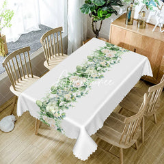 Aperturee - Aperturee Morden Green Floral White Rectangle Tablecloth