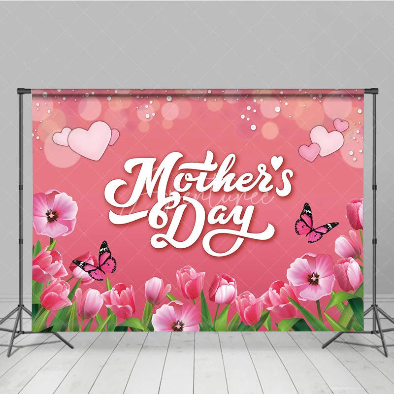 Aperturee - Aperturee Mother’s Day Backdrop Pink Tulips and Butterflies Soft Bokeh Floral Photography Background