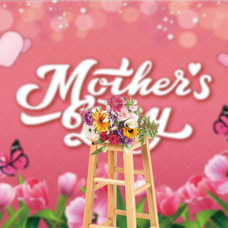 Aperturee - Aperturee Mother’s Day Backdrop Pink Tulips and Butterflies Soft Bokeh Floral Photography Background