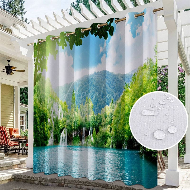 Aperturee - Aperturee Mountain Lake Waterproof Printed Outdoor Curtains For Gazebo