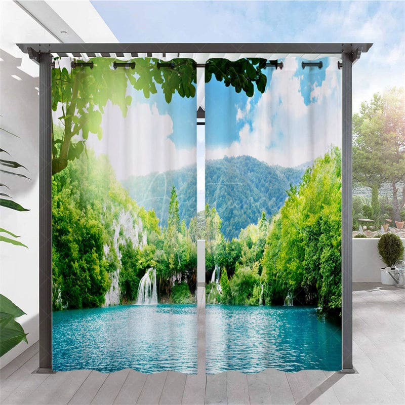 Aperturee - Aperturee Mountain Lake Waterproof Printed Outdoor Curtains For Gazebo