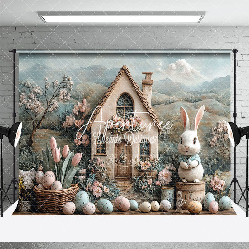 Aperturee - Aperturee Mountain Scene Bunny Hutch Egg Floral Easter Backdrop