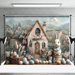 Aperturee - Aperturee Mountain Scene Bunny Hutch Egg Floral Easter Backdrop