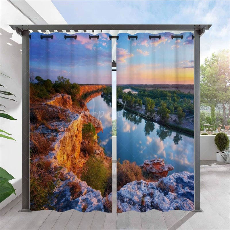 Aperturee - Aperturee Mountains Rivers Waterproof Printed Outdoor Curtains For Gazebo