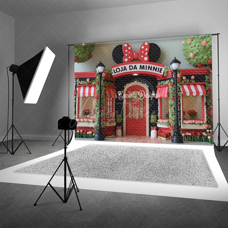 Aperturee - Aperturee Mouse’s Boutique Inspired Photography Backdrop Red and Pink Storefront Birthday Cake Smash Photo Booth