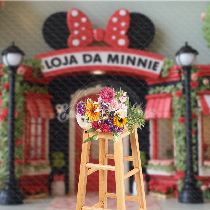 Aperturee - Aperturee Mouse’s Boutique Inspired Photography Backdrop Red and Pink Storefront Birthday Cake Smash Photo Booth