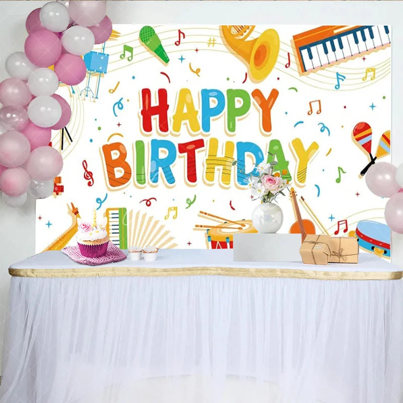Aperturee - Aperturee Music Themed Happy Birthday Backdrop for Kids Colorful Instruments with Notes School Band Party Photo Prop Decor