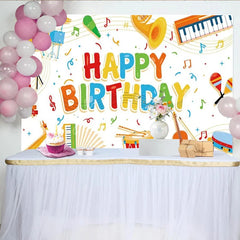 Aperturee - Aperturee Music Themed Happy Birthday Backdrop for Kids Colorful Instruments with Notes School Band Party Photo Prop Decor