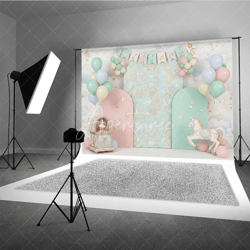 Aperturee - Aperturee Musical Carousel and Pastel Clouds Backdrop Music Notes and Horse Decor for Girl Birthday Party