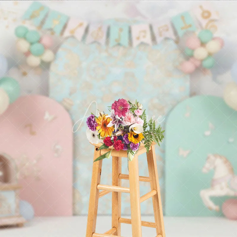 Aperturee - Aperturee Musical Carousel and Pastel Clouds Backdrop Music Notes and Horse Decor for Girl Birthday Party