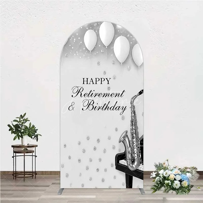 Aperturee - Aperturee Musical Retirement and Birthday Arch Backdrop Silver Saxophone and Piano Party Decoration