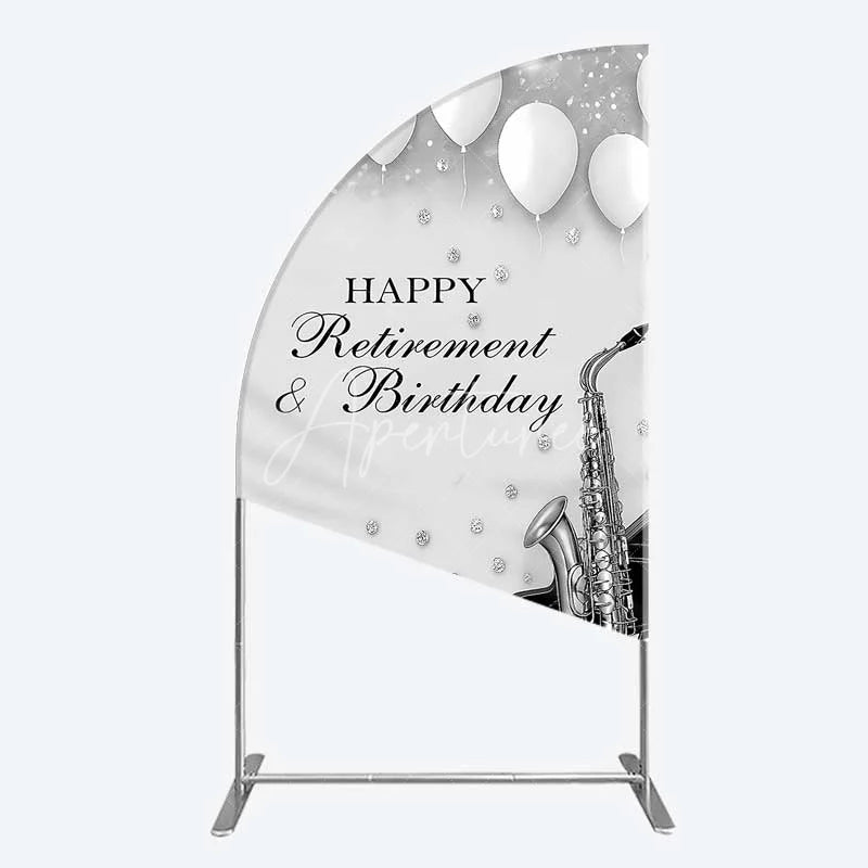 Aperturee - Aperturee Musical Retirement and Birthday Half Moon Arch Backdrop Silver Saxophone and Piano Party Decoration