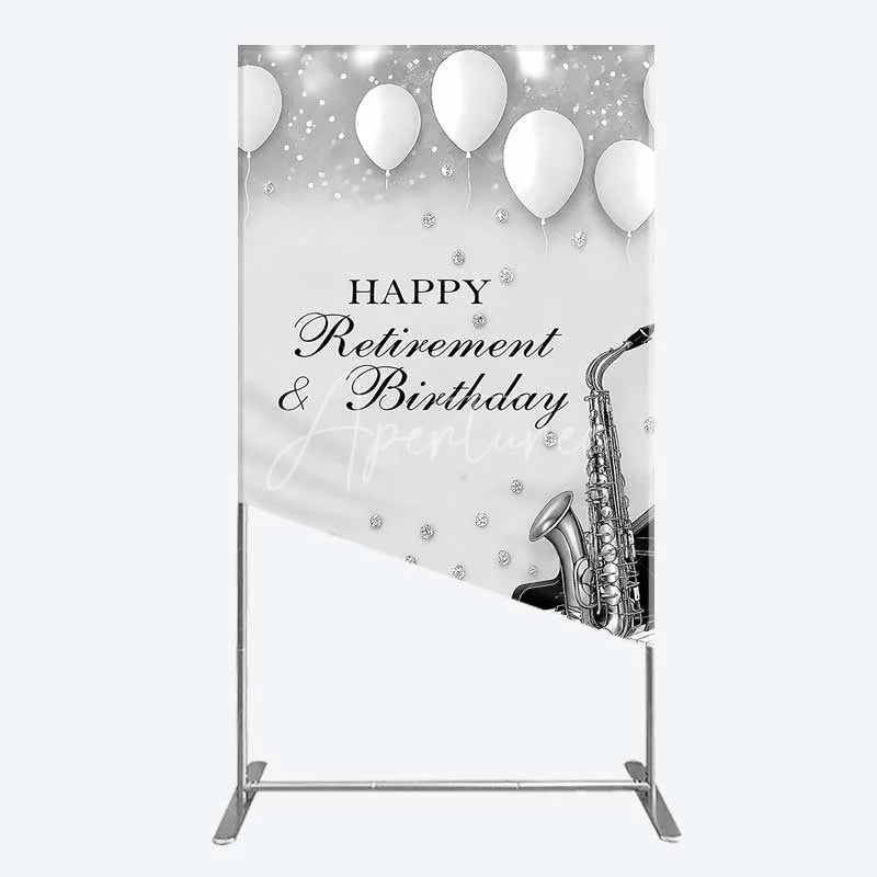 Aperturee - Aperturee Musical Retirement and Birthday Rectangle Backdrop Silver Saxophone and Piano Party Decoration