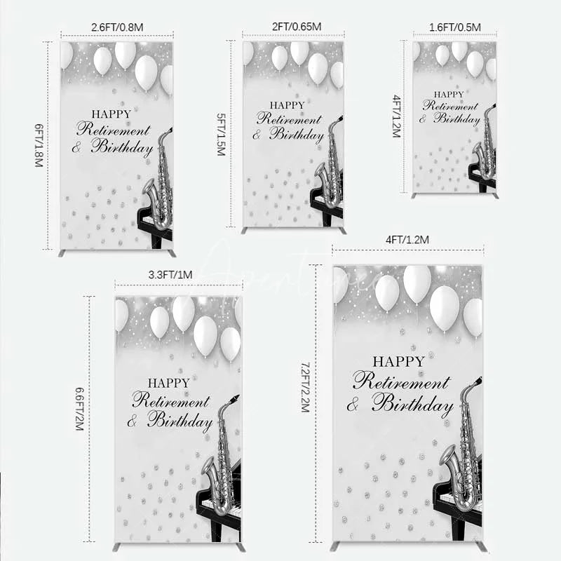 Aperturee - Aperturee Musical Retirement and Birthday Rectangle Backdrop Silver Saxophone and Piano Party Decoration