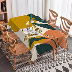 Aperturee - Aperturee Mustard Yellow Abstract Botanical Rectangle Tablecloth with Green Leaves and Gold Accents Elegant Dining Decor