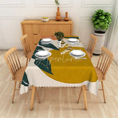 Aperturee - Aperturee Mustard Yellow Abstract Botanical Rectangle Tablecloth with Green Leaves and Gold Accents Elegant Dining Decor