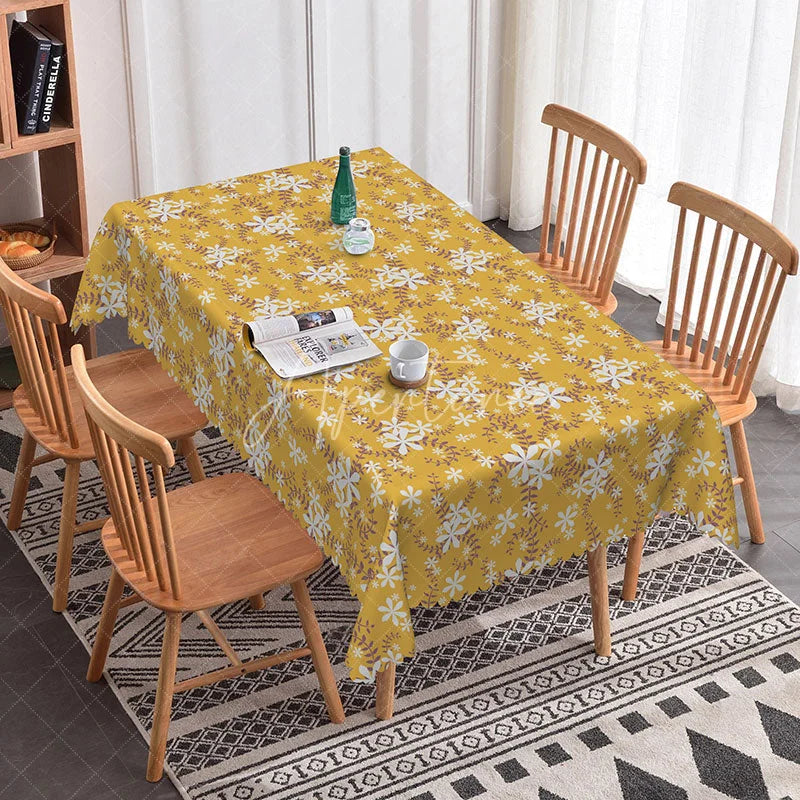 Aperturee - Aperturee Mustard Yellow Floral Rectangle Tablecloth White Vine Pattern for Fall Thanksgiving Dining Room Decoration