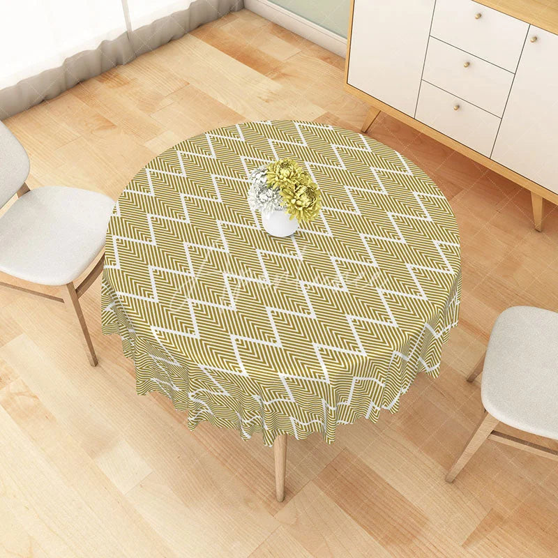 Aperturee - Aperturee Mustard Yellow Geometric Chevron Round Tablecloth Modern Zigzag Line Table Cover for Kitchen Decor