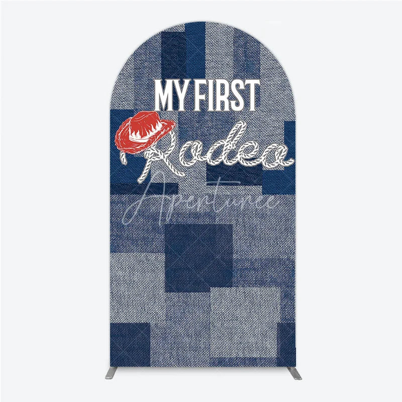 Aperturee - Aperturee My First Rodeo First Birthday Arch Backdrop Western Cowboy Theme with Denim Print Boy’s 1st Birthday Party