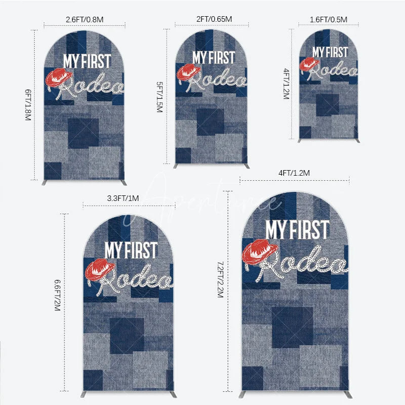 Aperturee - Aperturee My First Rodeo First Birthday Arch Backdrop Western Cowboy Theme with Denim Print Boy’s 1st Birthday Party