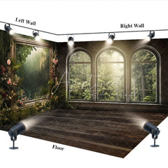 Aperturee - Aperturee Mysterious Misty Forest Window View Room Set Backdrop Gothic Arched Window Photography Background