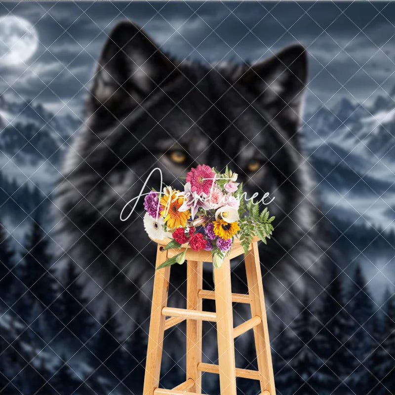 Aperturee - Aperturee Mystical Black Wolf and Full Moon Photography Backdrop with Snowy Mountains Dark Pine Forest Night Scene