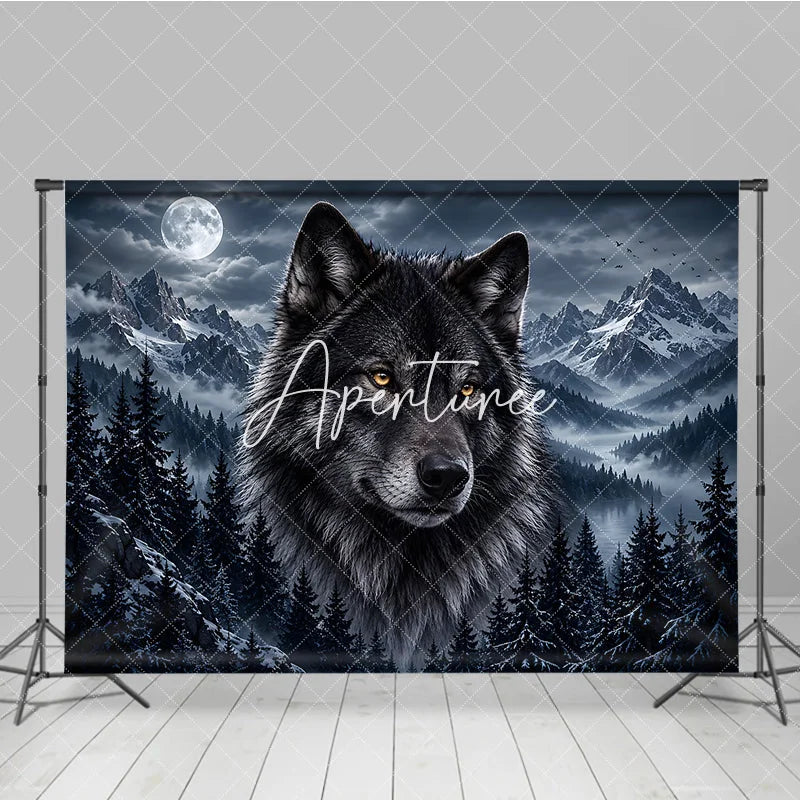 Aperturee - Aperturee Mystical Black Wolf and Full Moon Photography Backdrop with Snowy Mountains Dark Pine Forest Night Scene