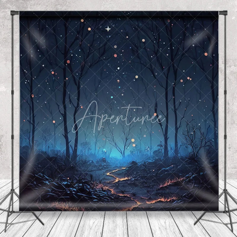 Aperturee - Aperturee Mystical Dark Forest Photography Backdrop Magical Glowing Path and Sparkling Starry Night Sky for Photo