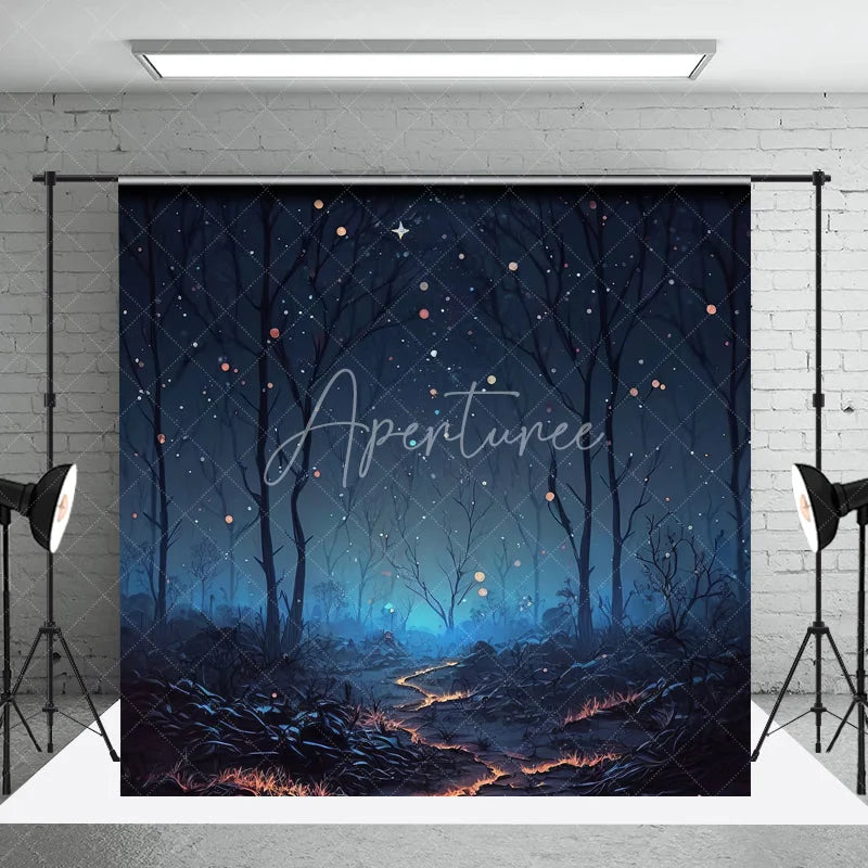 Aperturee - Aperturee Mystical Dark Forest Photography Backdrop Magical Glowing Path and Sparkling Starry Night Sky for Photo