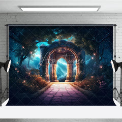 Aperturee - Aperturee Mystical Forest Photography Backdrop with Stone Archway Enchanted Glowing Path and Starry Sky