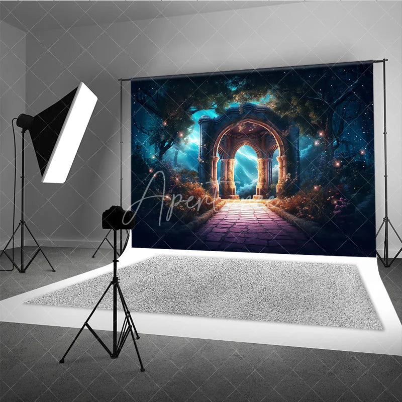 Aperturee - Aperturee Mystical Forest Photography Backdrop with Stone Archway Enchanted Glowing Path and Starry Sky