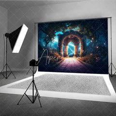 Aperturee - Aperturee Mystical Forest Photography Backdrop with Stone Archway Enchanted Glowing Path and Starry Sky