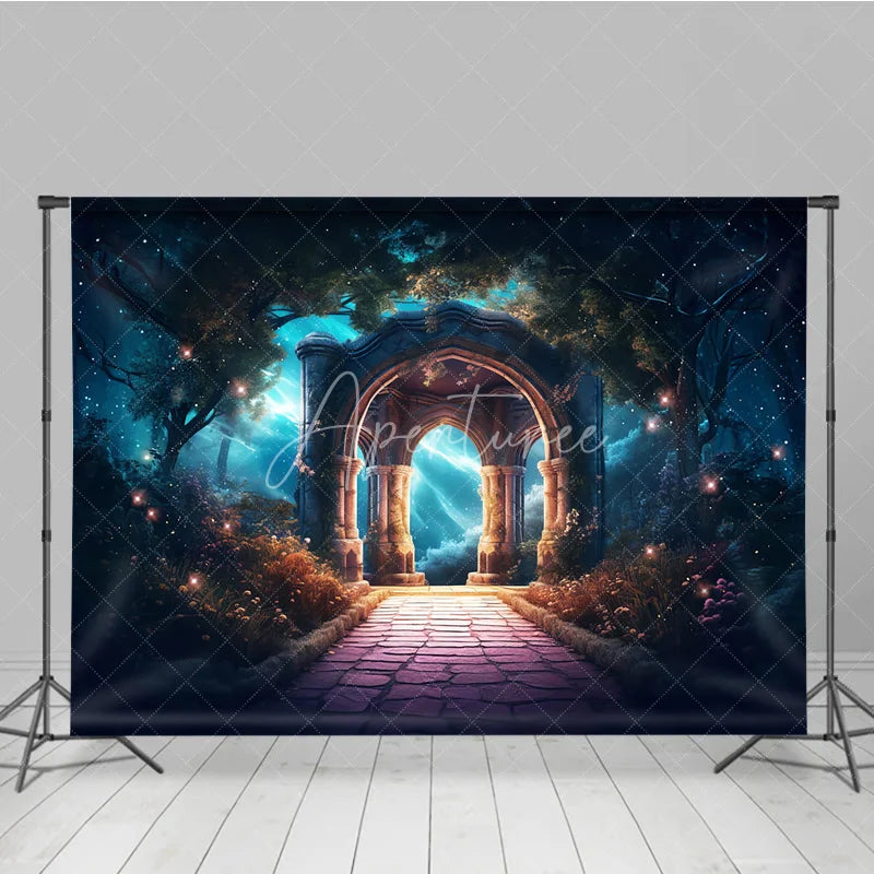 Aperturee - Aperturee Mystical Forest Photography Backdrop with Stone Archway Enchanted Glowing Path and Starry Sky