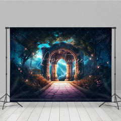Aperturee - Aperturee Mystical Forest Photography Backdrop with Stone Archway Enchanted Glowing Path and Starry Sky
