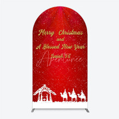 Aperturee - Aperturee Nativity Scene Merry Christmas Arch Backdrop Red Snowy Blessed New Year Party Cover