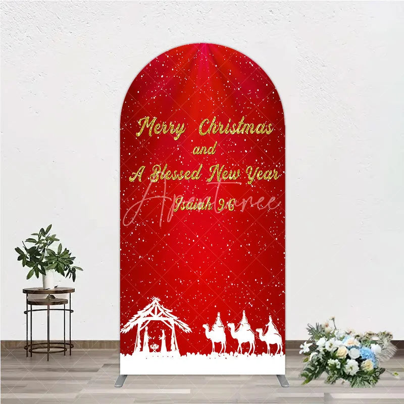 Aperturee - Aperturee Nativity Scene Merry Christmas Arch Backdrop Red Snowy Blessed New Year Party Cover