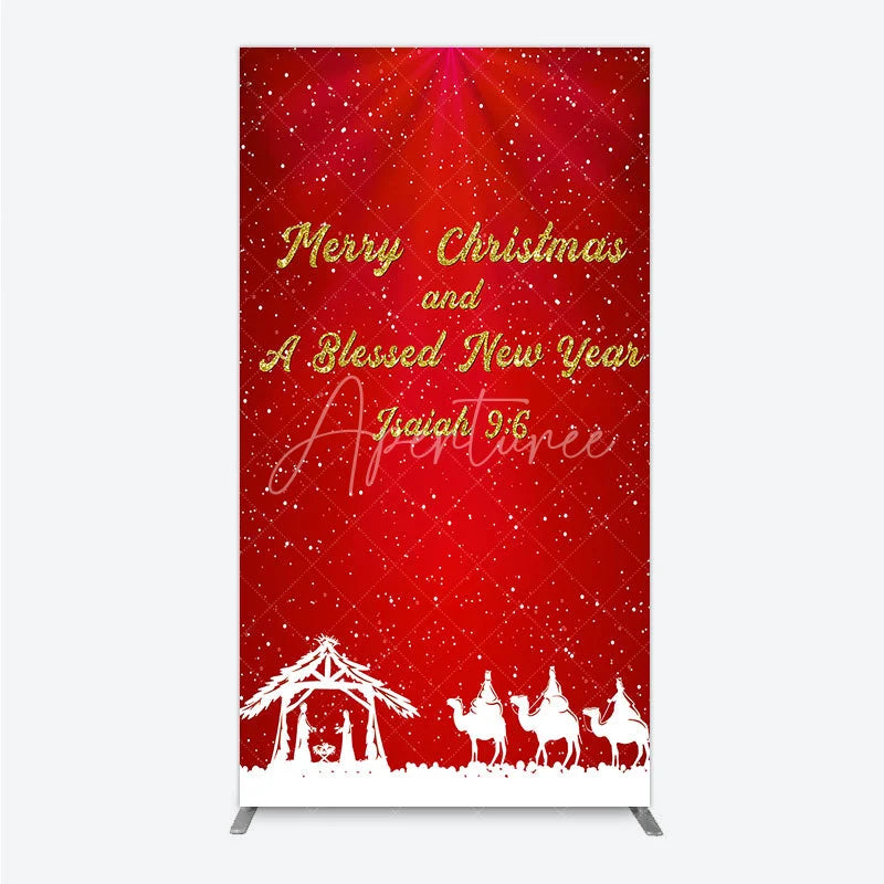 Aperturee - Aperturee Nativity Scene Merry Christmas Rectangle Backdrop Red Snowy Blessed New Year Party Cover