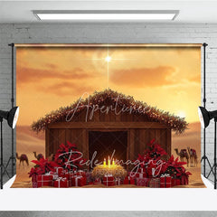 Aperturee - Aperturee Nativity Scene Photography Backdrop with Manger and Star of Bethlehem Religious Christian Christmas Decor