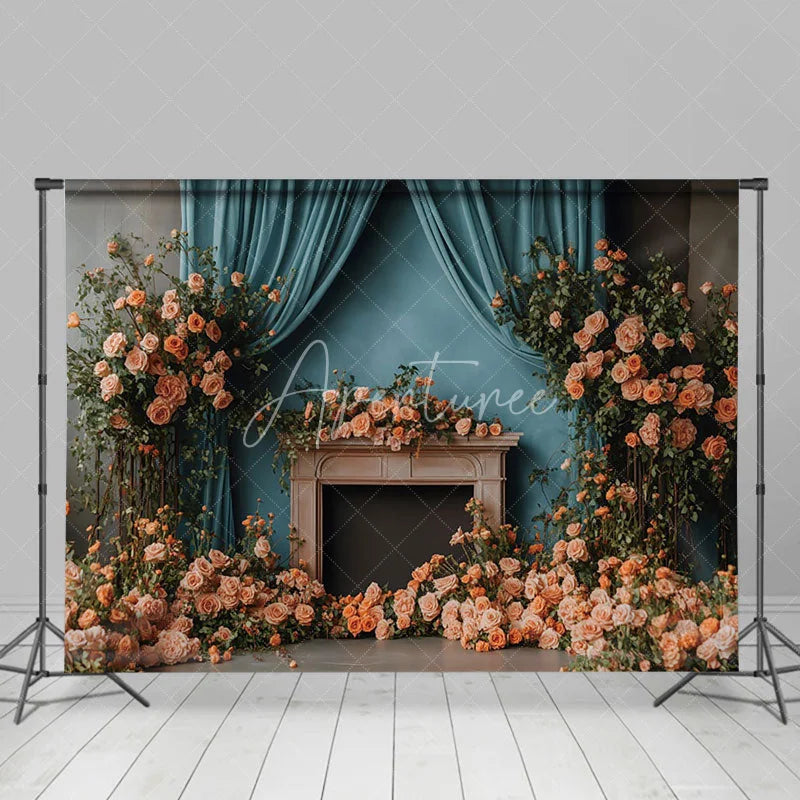 Aperturee - Aperturee Natural Floral Plant Blue Curtain Wedding Backdrop