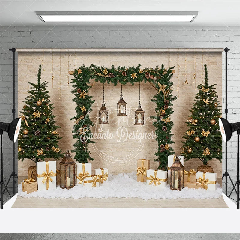 Aperturee - Aperturee Natural Rustic Christmas Arch Photography Backdrop Garland with Lanterns and Presents Holiday Photo Background
