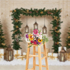 Aperturee - Aperturee Natural Rustic Christmas Arch Photography Backdrop Garland with Lanterns and Presents Holiday Photo Background