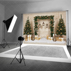Aperturee - Aperturee Natural Rustic Christmas Arch Photography Backdrop Garland with Lanterns and Presents Holiday Photo Background