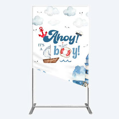 Aperturee - Aperturee Nautical Ahoy It is a Boy Rectangle Backdrop Whale Lighthouse and Anchor Baby Shower Decoration