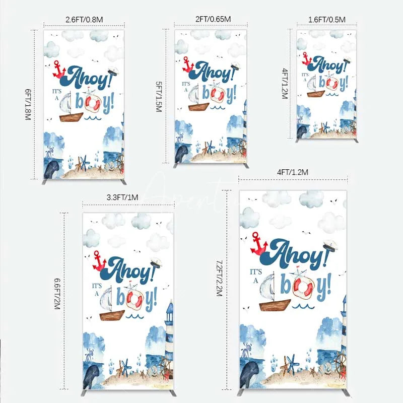 Aperturee - Aperturee Nautical Ahoy It is a Boy Rectangle Backdrop Whale Lighthouse and Anchor Baby Shower Decoration