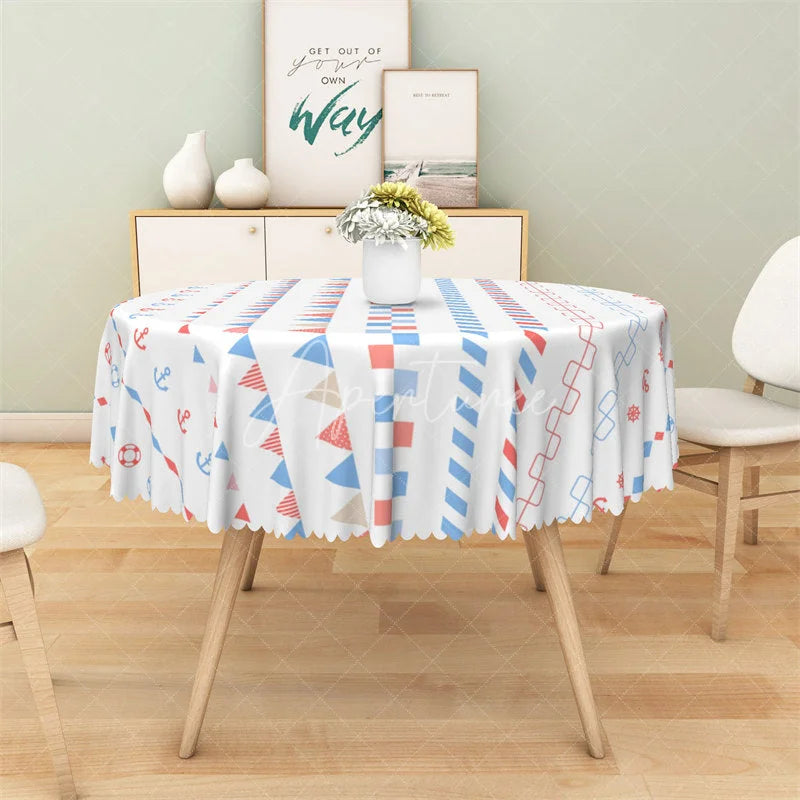 Aperturee - Aperturee Nautical Anchor Stripe Round Tablecloth Blue Red Lifebuoy Sailor Table Cover for Baby Shower