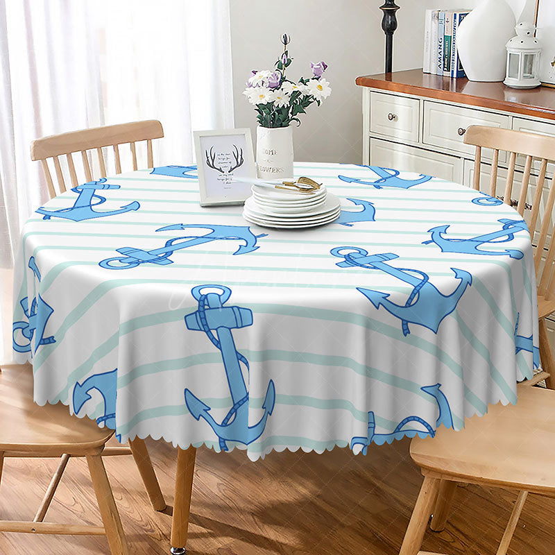 Aperturee - Aperturee Nautical Blue and White Stripe Round Tablecloth with Anchors for Coastal and Sailor Themed Party Decor