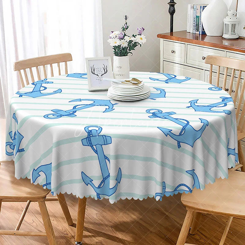Aperturee - Aperturee Nautical Blue and White Stripe Round Tablecloth with Anchors for Coastal and Sailor Themed Party Decor