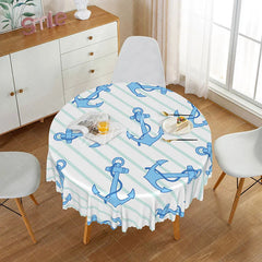 Aperturee - Aperturee Nautical Blue and White Stripe Round Tablecloth with Anchors for Coastal and Sailor Themed Party Decor