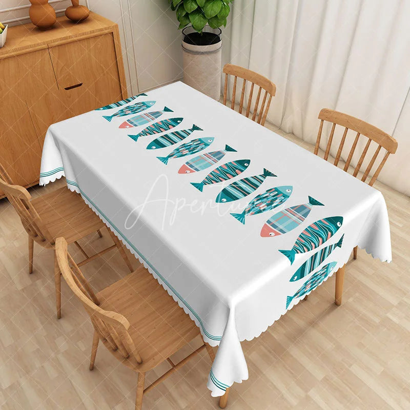 Aperturee - Aperturee Nautical Blue Coral Fish Rectangle Tablecloth Ocean Theme Dining Table Cover for Seafood Party