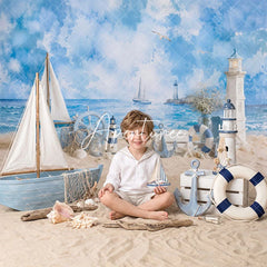 Aperturee - Aperturee Nautical Blue Ocean Beach Combo Set Backdrop with Sailboat Lighthouse Anchor for Summer Party Decor.
